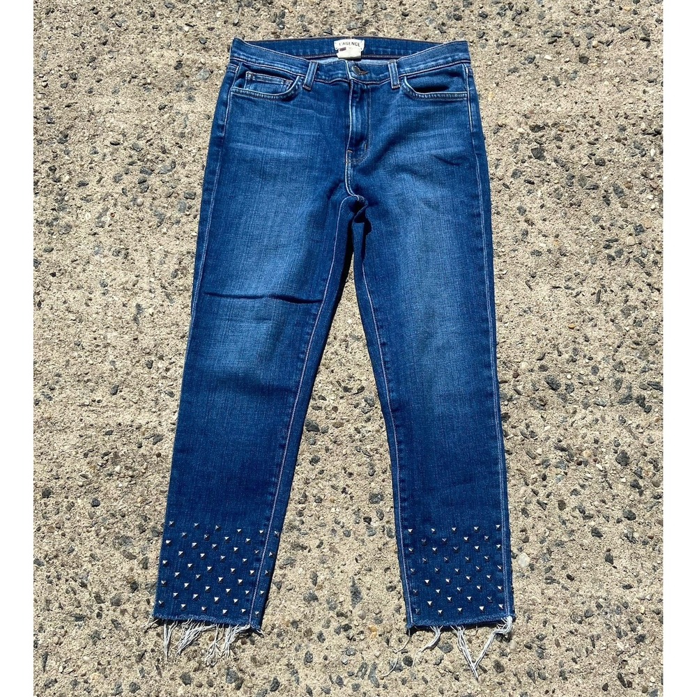 L'agence Jeans Womens 27x25 Angelique Blue Stretch‎ Denim Studded Crop Fray